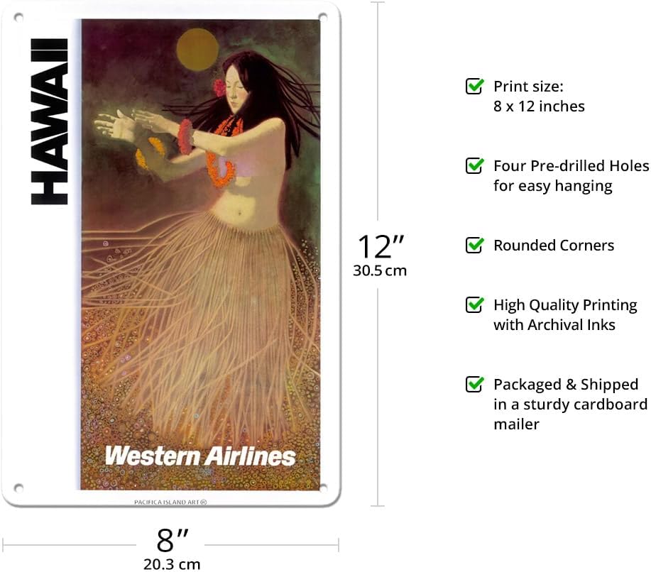 Pacifica Island Art Hawaii - Hula Dancer - Western Airlines - Vintage Hawaiian Travel Poster c.1960s - 8 x 12 inch Vintage Metal Tin Sign