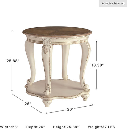 Signature Design by Ashley Realyn Round End Table, Cottage-Style Side Table with Antiqued Two-Tone Finish, Wood & Veneer Construction for Living Room or Bedroom, White/Brown