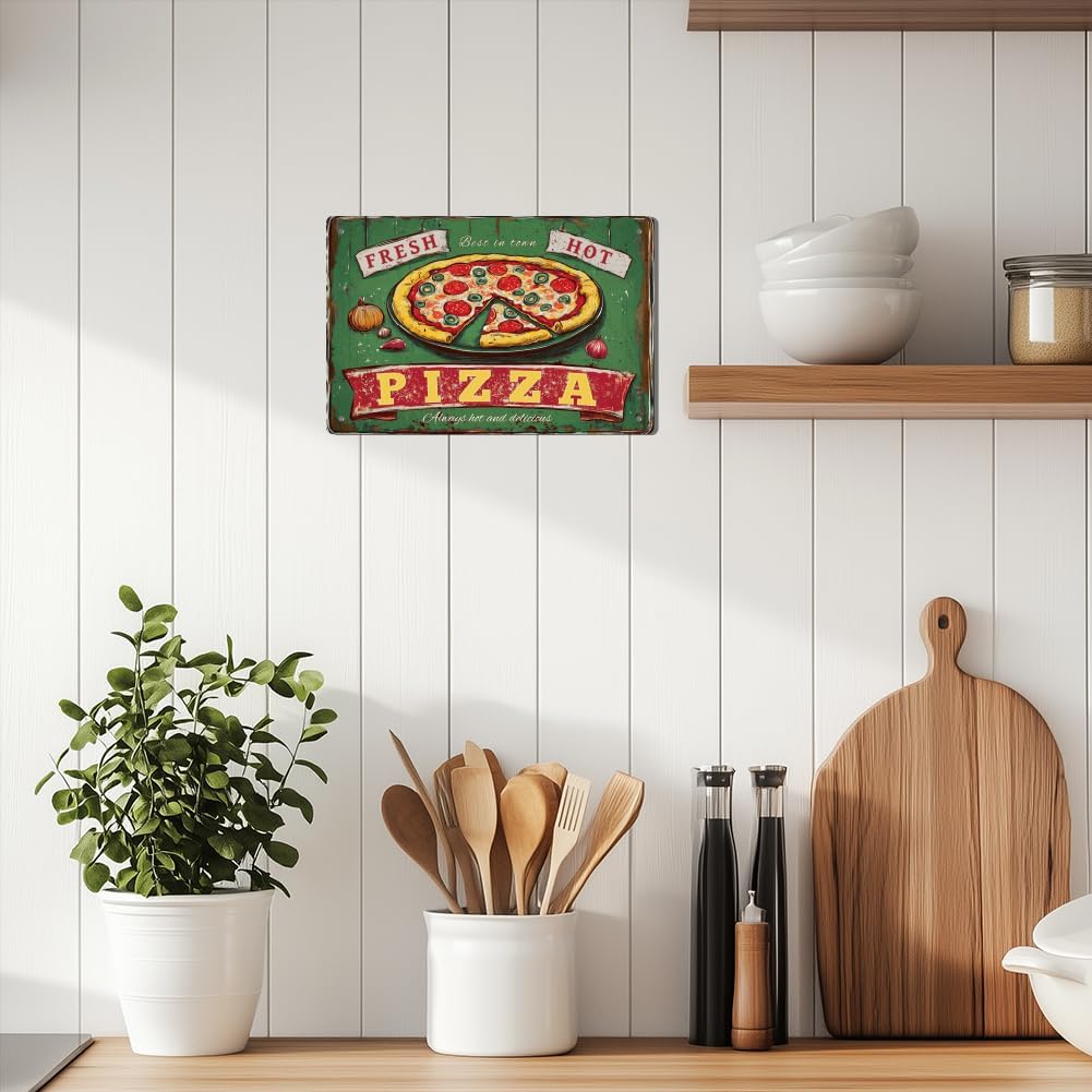 WEBEEDY Pizza Tin Signs Funny Food Poster Vintage Metal Wall Decor for Home Kitchen Restaurant,Delicious Pizza Fast Food Sign for Cafe Pub Bar Home Indoor Outdoor Retro Decor,8x12 Inch/20x30cm