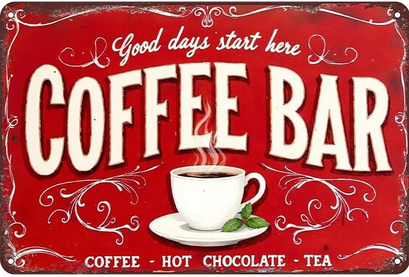 Coffee Bar Tin Sign - Tin Metal 12x8 Inch Vintage Red Retro Kitchen Café Wall Art for Home Bar, Dining Room, Bistro, Gift for Drink Lovers