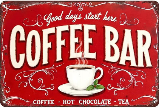 Coffee Bar Tin Sign - Tin Metal 12x8 Inch Vintage Red Retro Kitchen Café Wall Art for Home Bar, Dining Room, Bistro, Gift for Drink Lovers