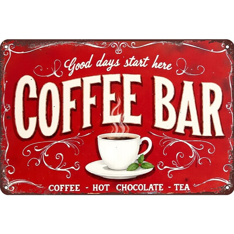 Coffee Bar Tin Sign - Tin Metal 12x8 Inch Vintage Red Retro Kitchen Café Wall Art for Home Bar, Dining Room, Bistro, Gift for Drink Lovers