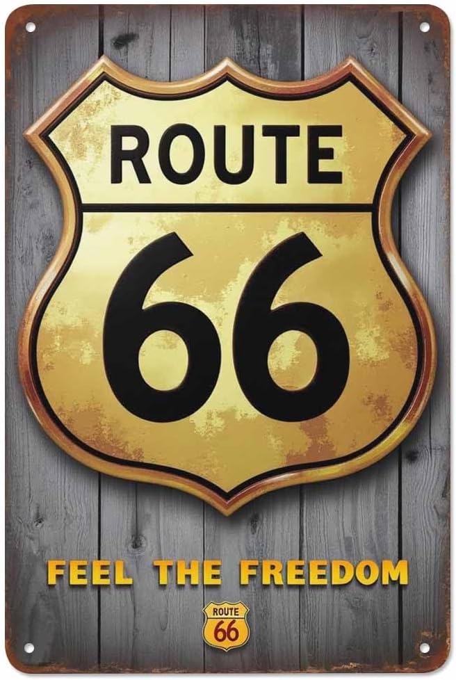 AOYEGO Route 66 Tin Sign,Gold Plaque On The Retro Wooden with Letter Vintage Metal Tin Signs for Cafes Bars Pubs Shop Wall Decorative Funny Retro Signs for Men Women 8x12 Inch