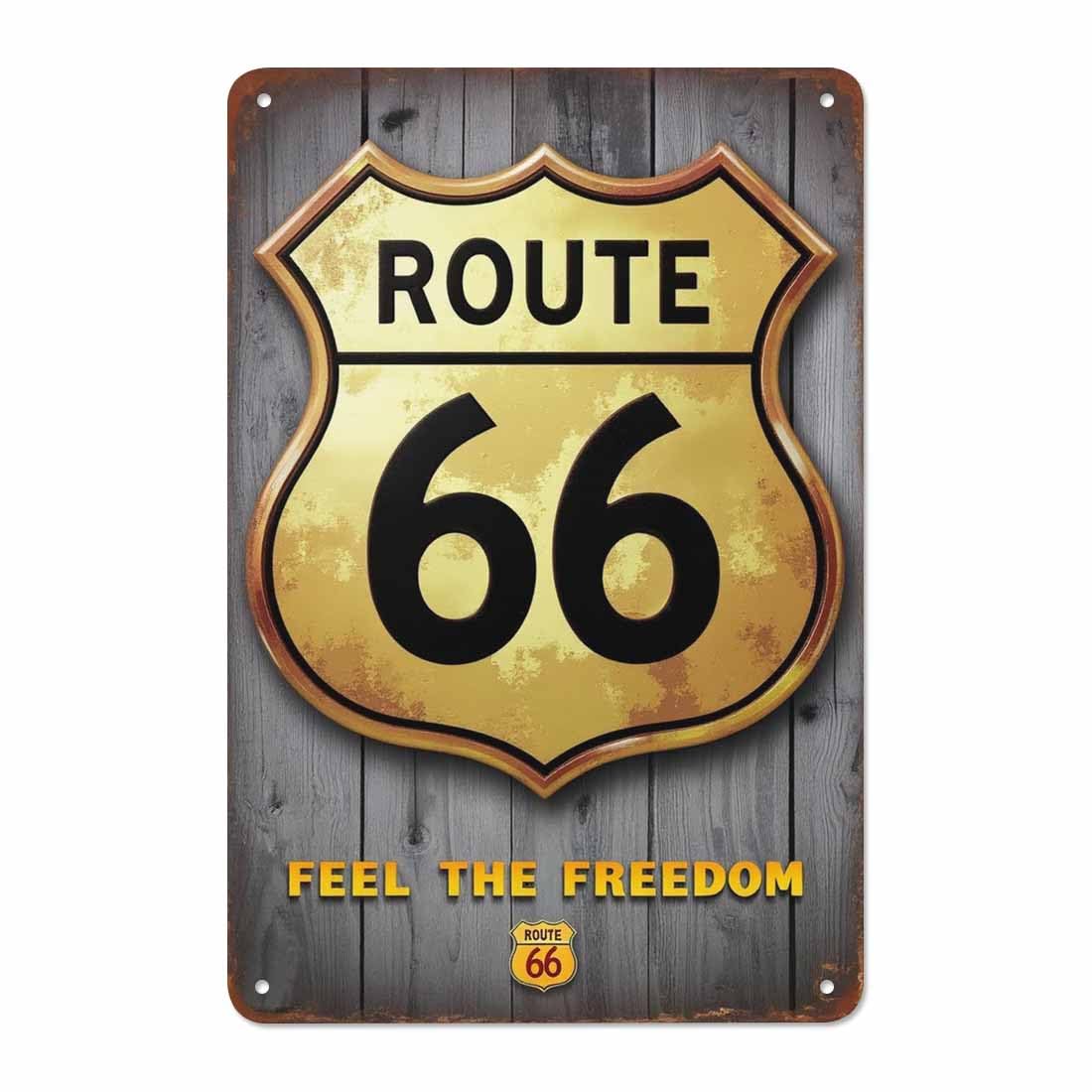 AOYEGO Route 66 Tin Sign,Gold Plaque On The Retro Wooden with Letter Vintage Metal Tin Signs for Cafes Bars Pubs Shop Wall Decorative Funny Retro Signs for Men Women 8x12 Inch