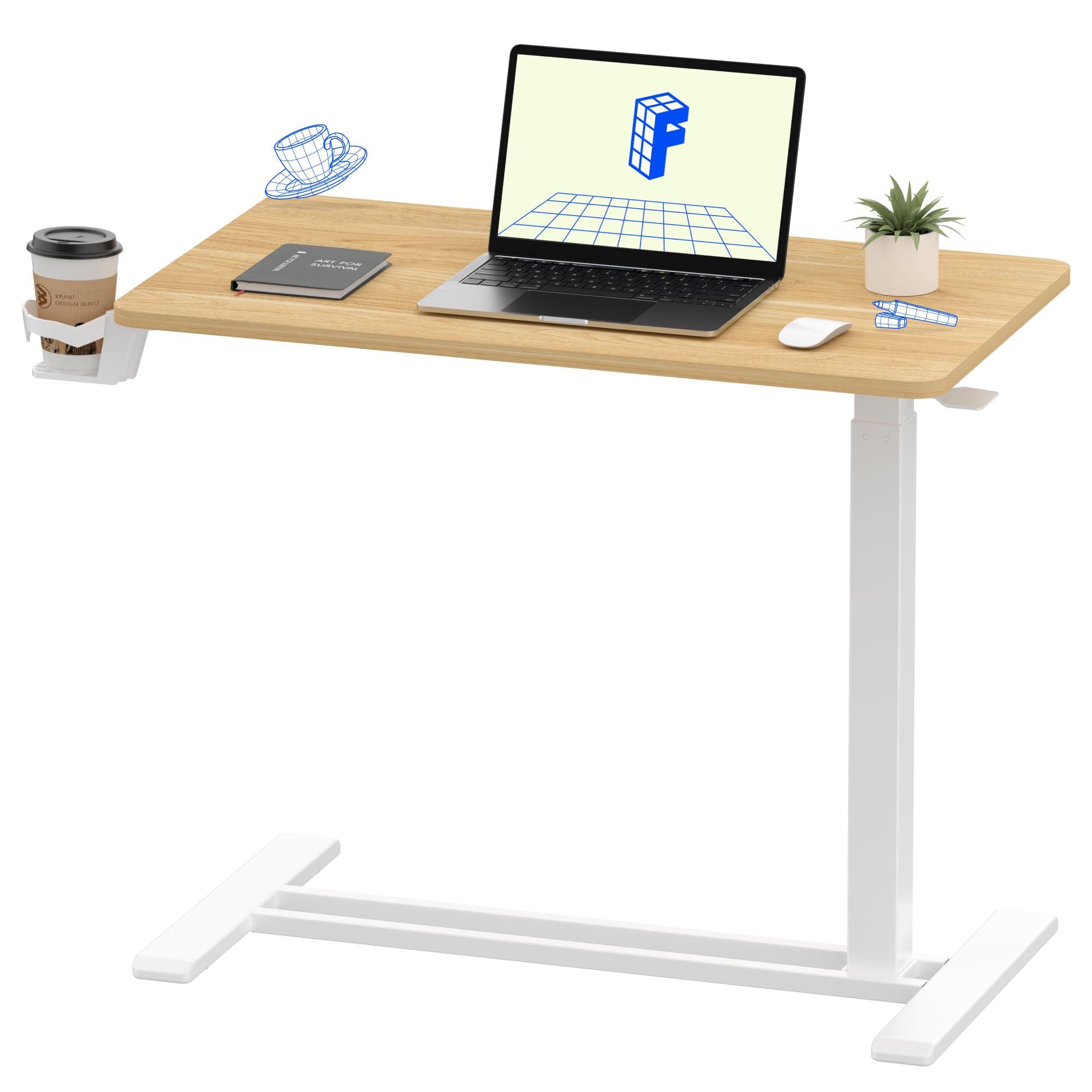 FLEXISPOT H7 Adjustable Overbed Bedside Table with Wheels Pneumatic Mobile Standing Laptop Desk Rolling Computer Cart Movable Overbed Table Hospital Home Use (31.5" W x 17.7" D, White Maple Large)