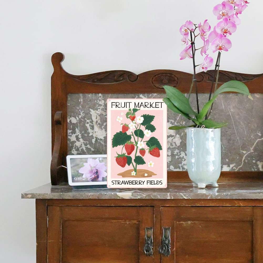 Strawberries Fields Retro Wall Decor Metal Tin Sign 8" x 12" Farm Fruit Market Vintage Wall Art Poster for Farmhouse Barn Garden Outdoor Clubs Room Home Coffee Cafes Decor Gift