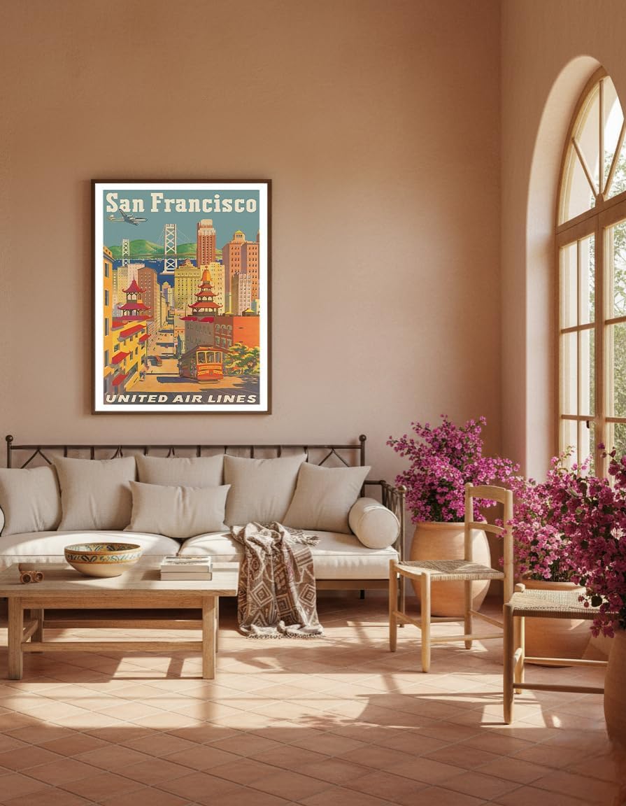 Pacifica Island Art San Francisco California - Cable Car in Chinatown - United Air Lines - Vintage Airline Travel Poster by Joseph Fehér c.1950s - 8 x 12 inch Vintage Metal Tin Sign