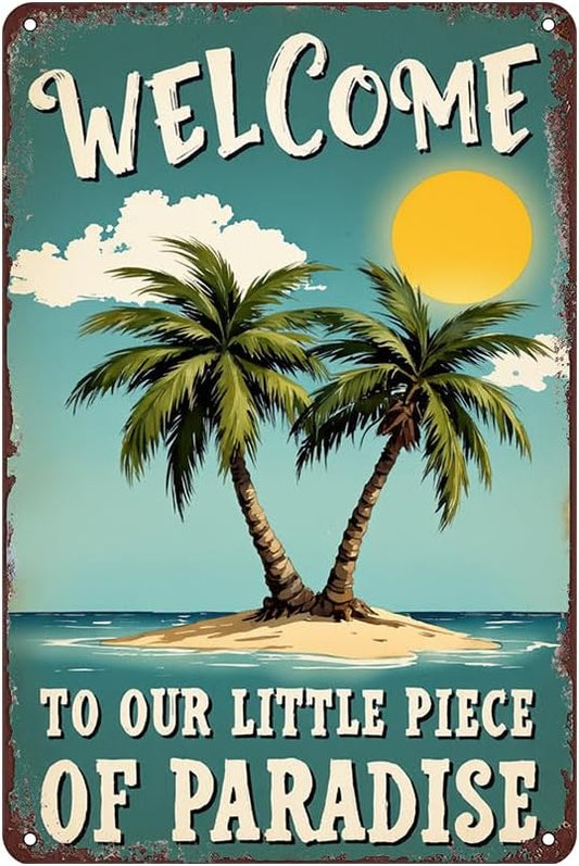 Tropical Paradise Welcome Tin Sign - Metal 12x8 Inch Coastal Rustic Wall Art for Beach House, Patio, Garden, Gift for Vacation Home Owners