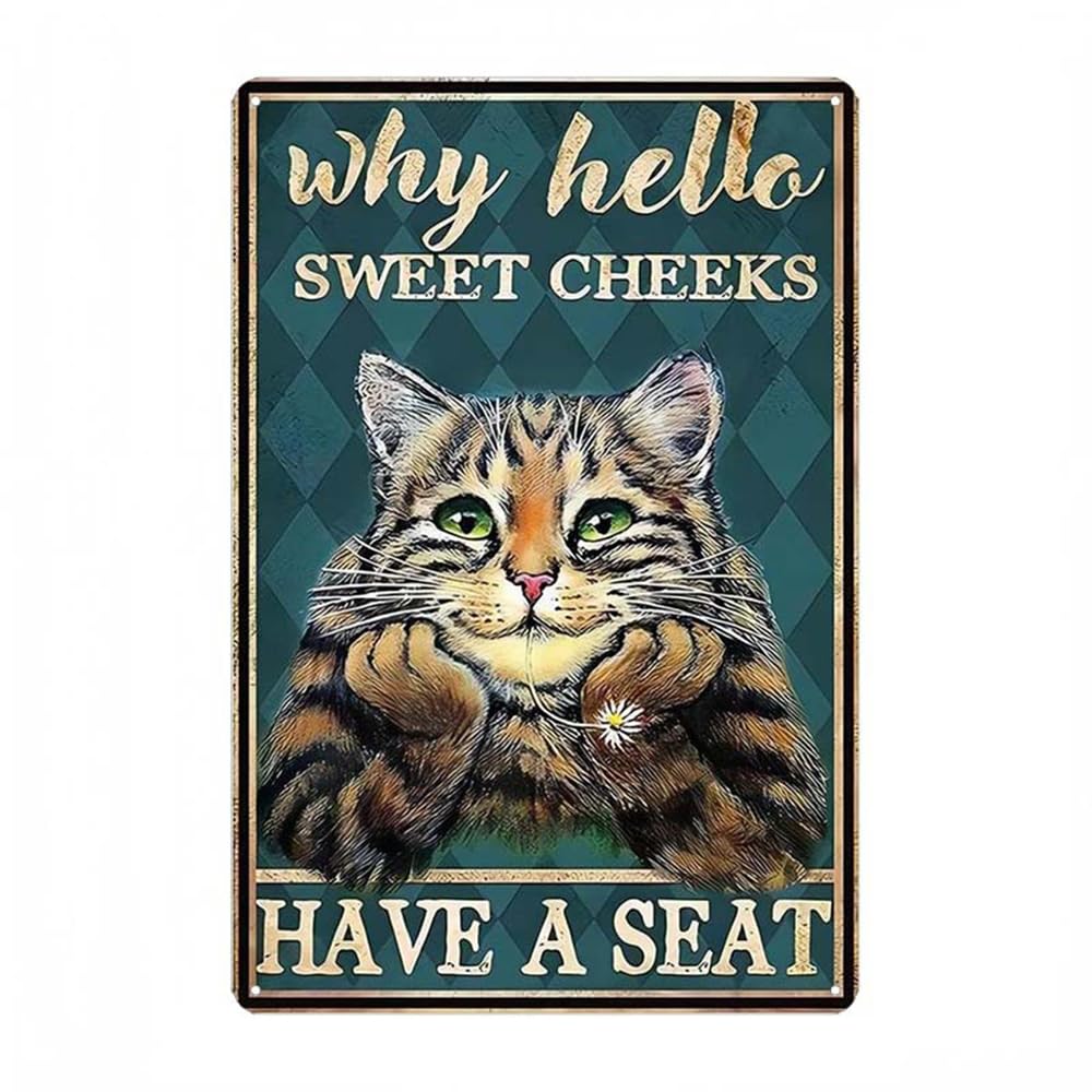 Funny Bathroom Sign Vintage Cat Tin Signs for Wall Decor 8" x 12" Funny Bathroom Signs Restroom Toilet Decor Metal Wall Plaque Poster (Welcome)