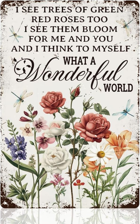 Vintage Flower Wall Decor Sign, What a Wonderful World Inspirational Quote Floral Wall Art, Metal Tin Poster for Home Bedroom Kitchen Cafe Bar Wall Decor Gift 8 x 12 Inch