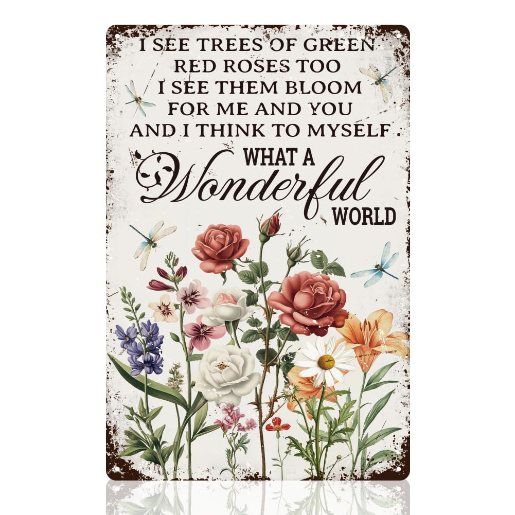 Vintage Flower Wall Decor Sign, What a Wonderful World Inspirational Quote Floral Wall Art, Metal Tin Poster for Home Bedroom Kitchen Cafe Bar Wall Decor Gift 8 x 12 Inch