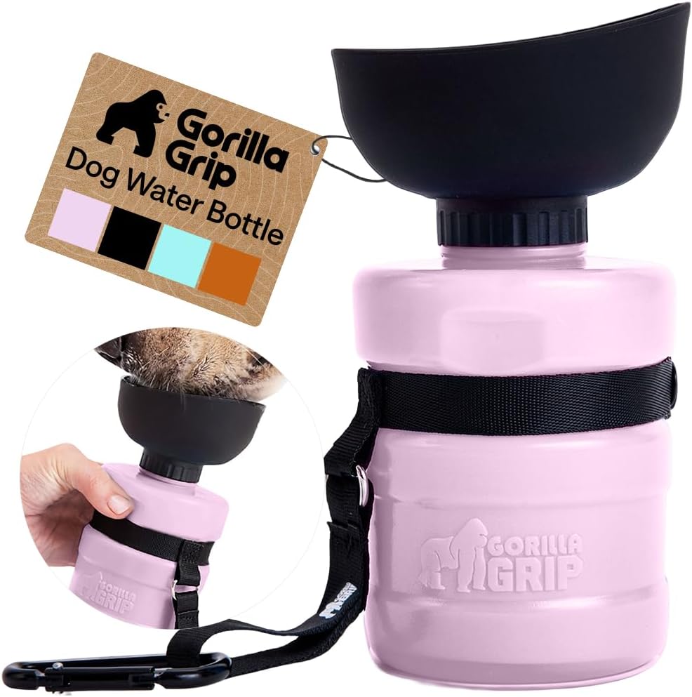 GORILLA GRIP Dog Water Bottle, Portable Water Bowl Dispenser for Dogs, 20 oz Leak Proof Pet Travel Squeeze Bottles, Food Grade Silicone, to Go Puppy Essentials, Hiking Camping Trip Accessories, Pink