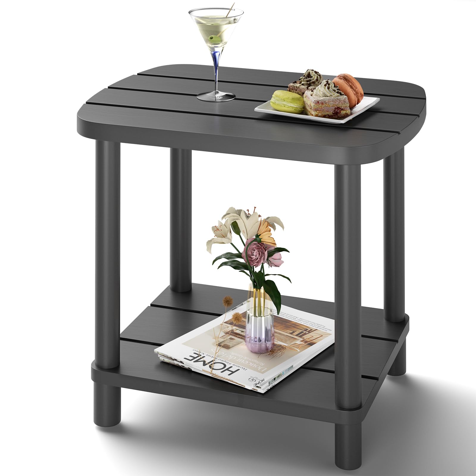 LEJANEOYE Outdoor Side Table, 2-Tier Small Outdoor Table for Patio, Adirondack Side Tables for Outside or Indoor, Bamboo End Table for Pool, Porch, Weather Resistant Easy Maintenance-Black