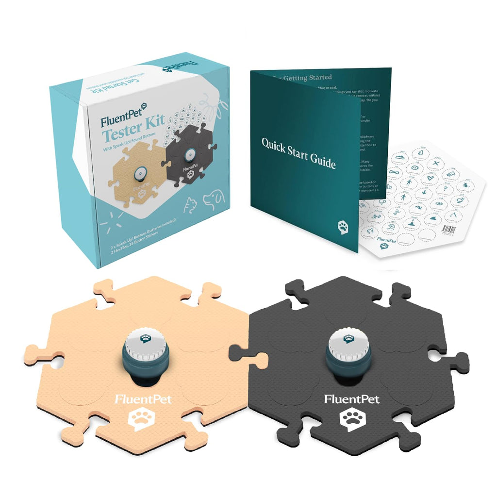 FluentPet Tester Kit - Set of 2 Dog Talking Buttons & HexTiles - Customizable Cat & Dog Training Buttons for Communication - Batteries Included - Pet Buttons Gift Set