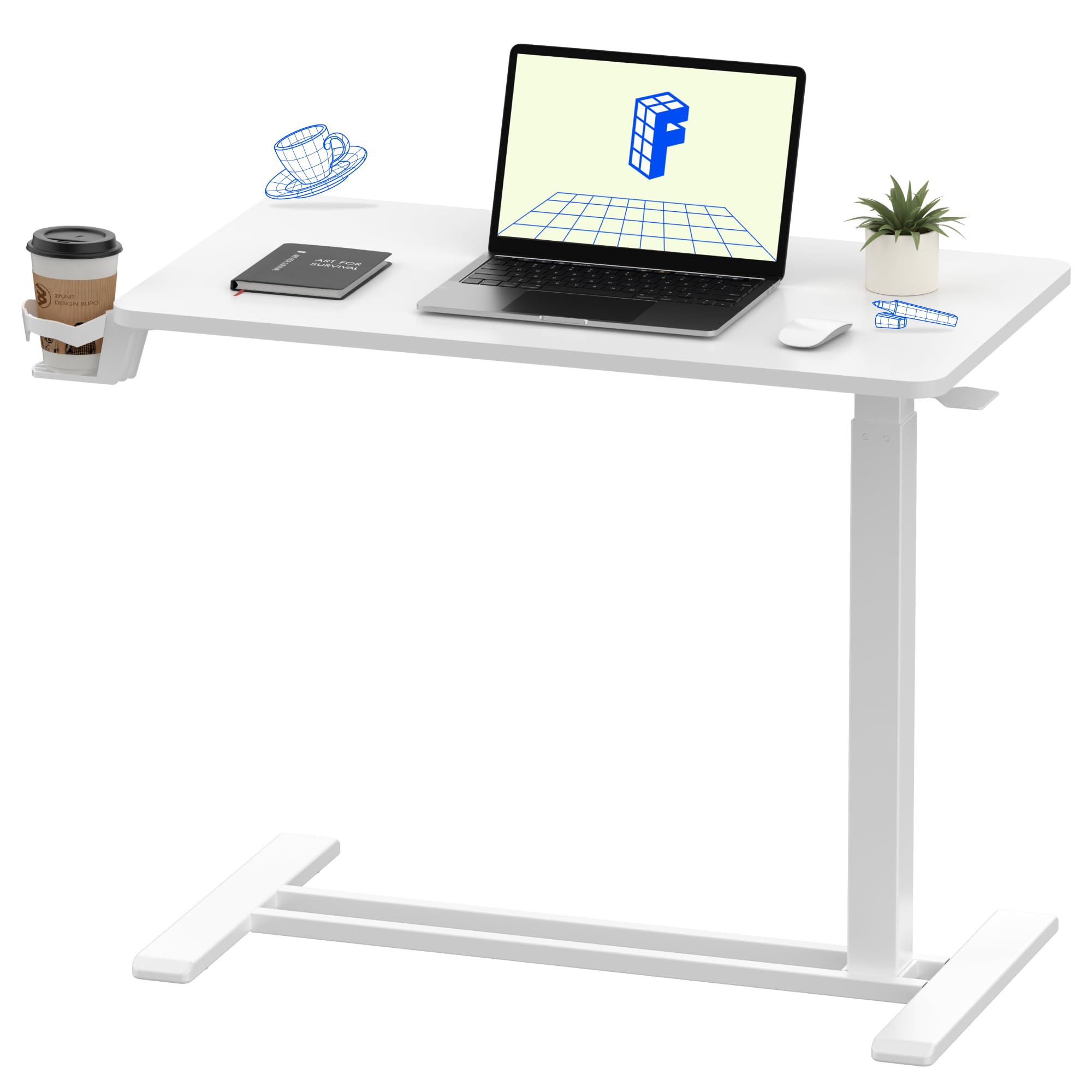 FLEXISPOT H7 Adjustable Overbed Bedside Table with Wheels Pneumatic Mobile Standing Laptop Desk Rolling Computer Cart Movable Overbed Table Hospital Home Use (31.5" W x 17.7" D, White Maple Large)