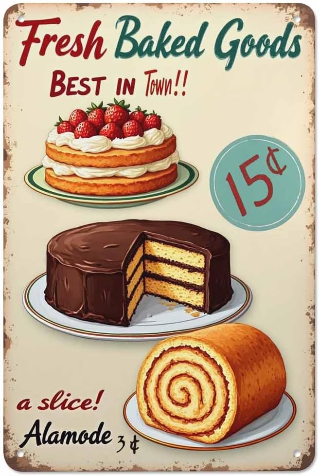 AOYEGO Fresh Baked Goods Tin Sign,Cake Cream Ring Fresh Delicious Strawberry Fruit Food Chocolate Dessert Plate Vintage Metal Tin Signs for Cafes Bars Pubs Shop Wall Funny Retro Signs 8x12 Inch