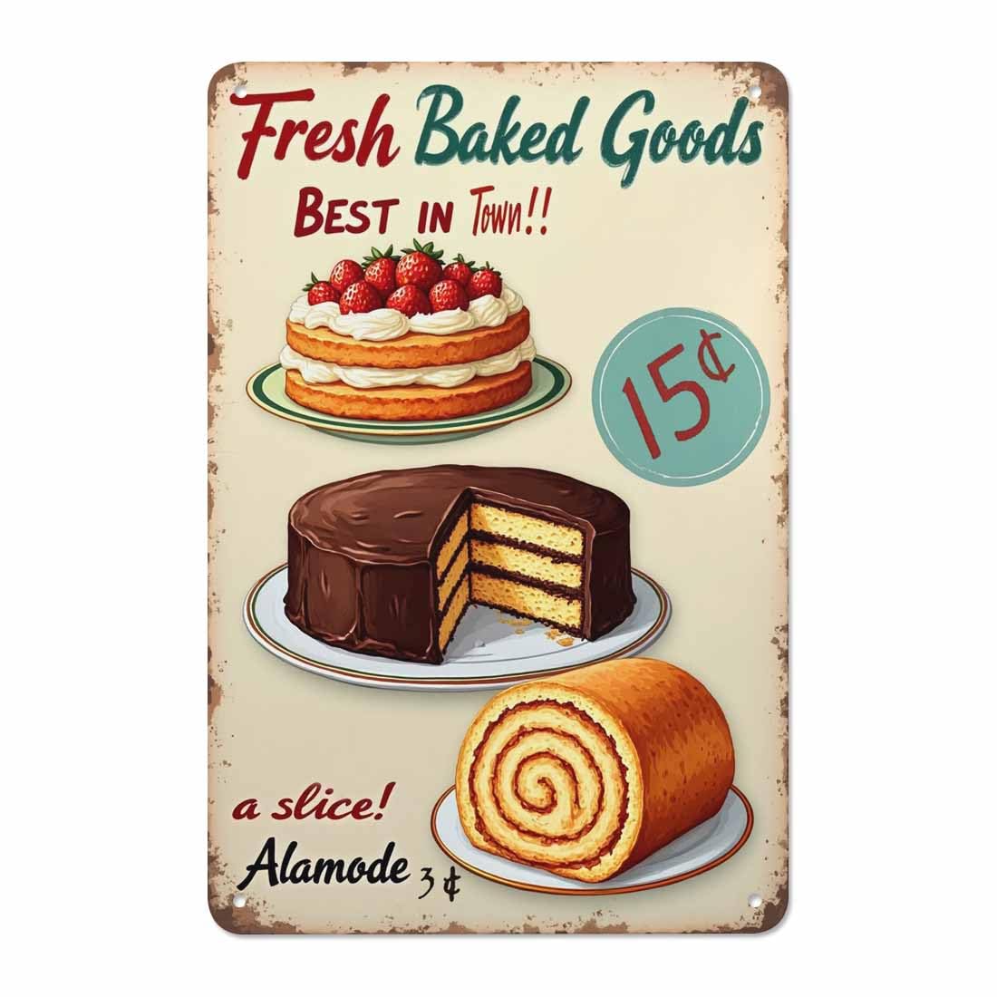AOYEGO Fresh Baked Goods Tin Sign,Cake Cream Ring Fresh Delicious Strawberry Fruit Food Chocolate Dessert Plate Vintage Metal Tin Signs for Cafes Bars Pubs Shop Wall Funny Retro Signs 8x12 Inch