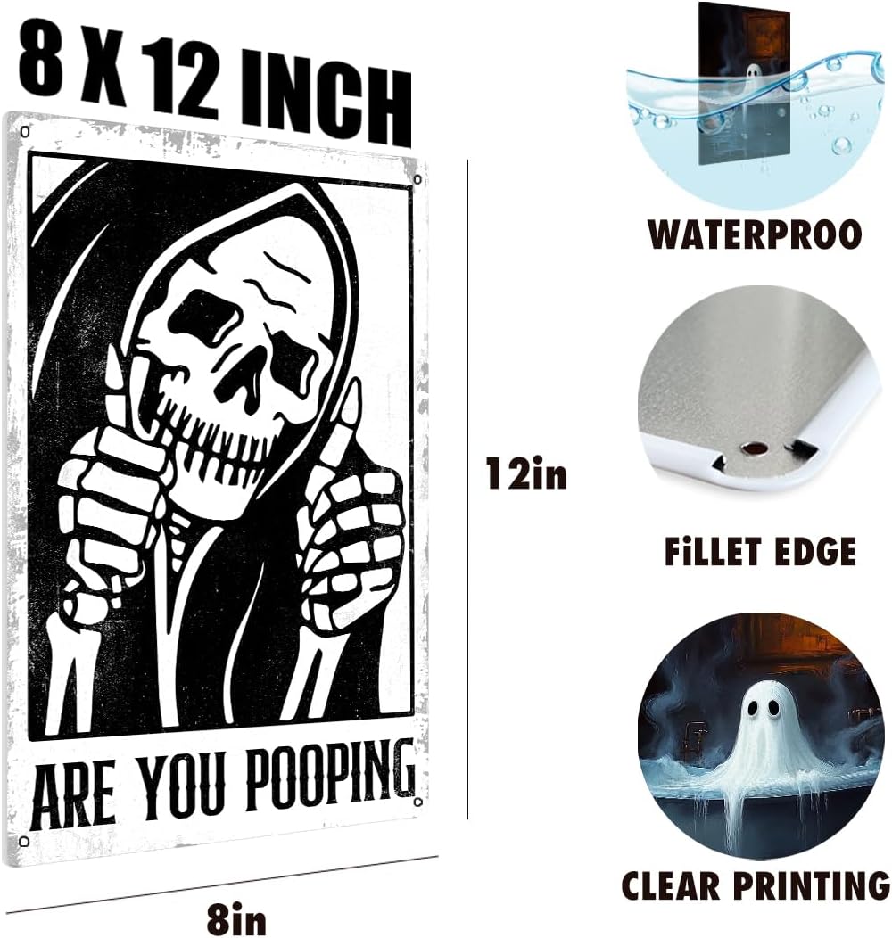 BEASTZHENG Funny Gothic Bathroom Home Decor Metal Tin Sign: Funny "Are You Pooping?" Bathroom Wall Art Decor Sign for Skull Lovers 8 X 12 Inches
