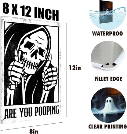 BEASTZHENG Funny Gothic Bathroom Home Decor Metal Tin Sign: Funny "Are You Pooping?" Bathroom Wall Art Decor Sign for Skull Lovers 8 X 12 Inches