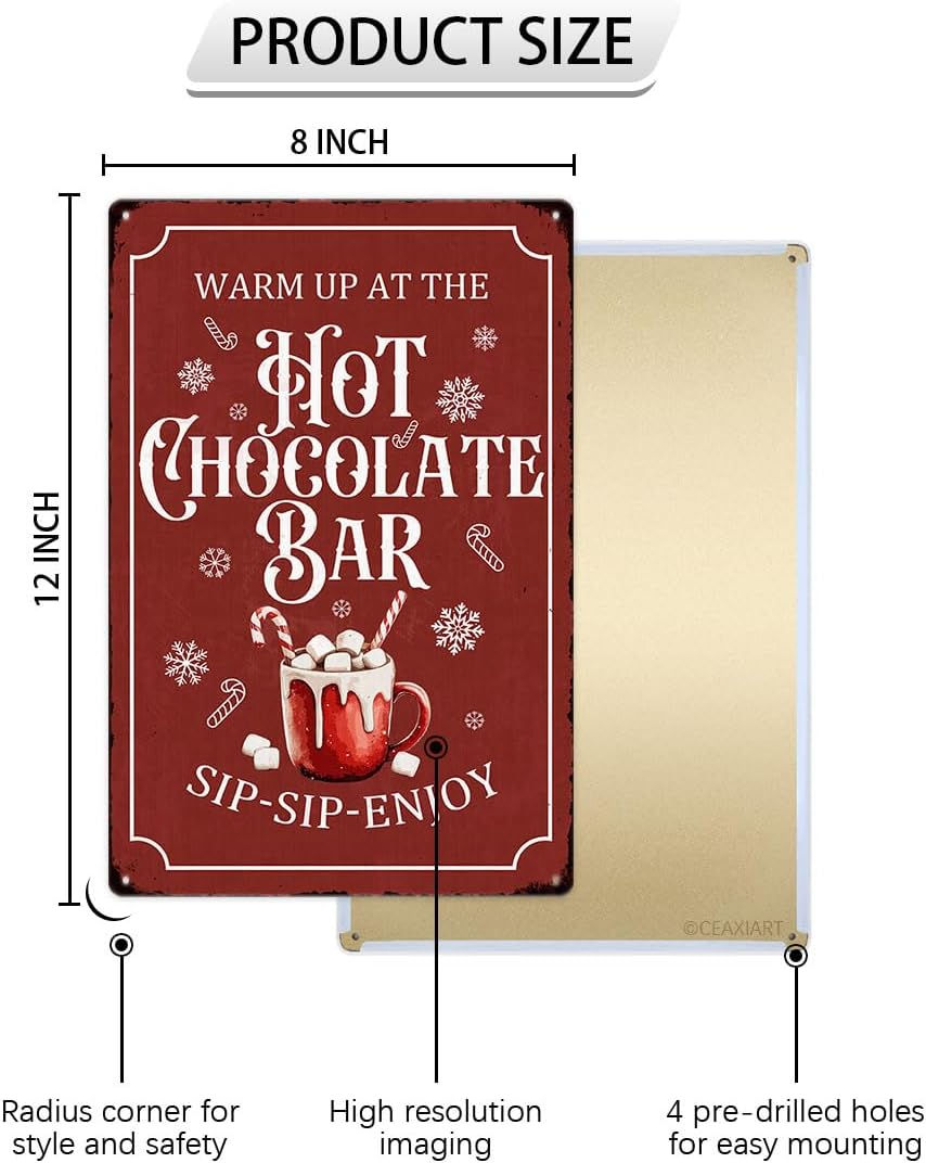 Christmas Metal Signs Red Hot Chocolate Bar Tin Sign Vintage Print Art Poster Ornaments for Home Kitchen Patio Yard Office Cafe Coffee Bar Front Door Porch Wall Decor Xmas Novelty Gift 8X12 Inch
