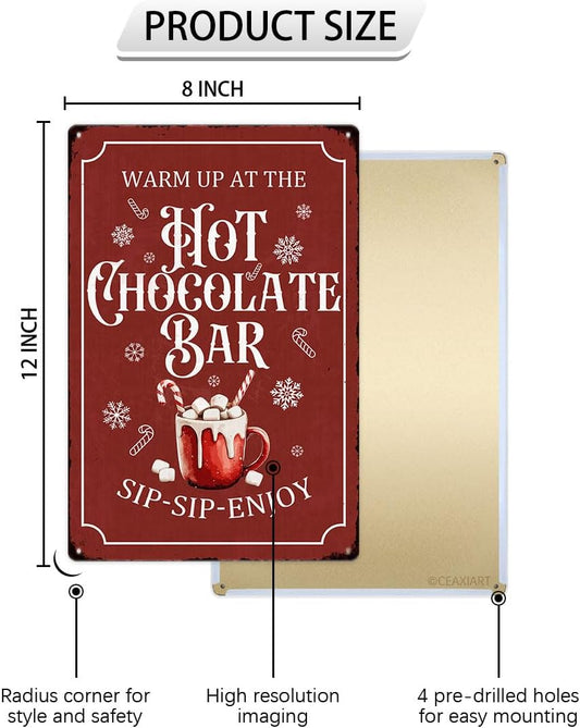 Christmas Metal Signs Red Hot Chocolate Bar Tin Sign Vintage Print Art Poster Ornaments for Home Kitchen Patio Yard Office Cafe Coffee Bar Front Door Porch Wall Decor Xmas Novelty Gift 8X12 Inch