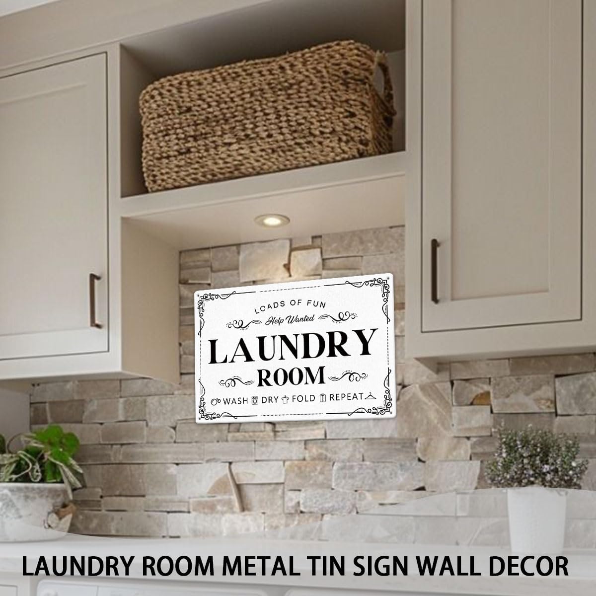 Laundry Room Tin Signs Loads of Fun Retro Laundry Metal Signs Wall Decor Laundry Rules Hanging Plaque Printed Accessories Decorations for Home (12 x 8 Inches, White)