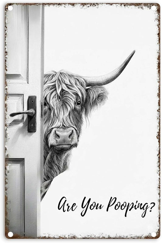 Funny Bathroom Wall Art Highland Cow Metal Signs - Vintage Metal Tin Sign Wall Art Decor, Are You Pooping Western Bathroom Decor for Cow Lovers,Restroom,12x8 inch