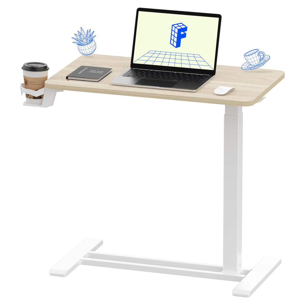 FLEXISPOT H7 Adjustable Overbed Bedside Table with Wheels Pneumatic Mobile Standing Laptop Desk Rolling Computer Cart Movable Overbed Table Hospital Home Use (31.5" W x 17.7" D, White Maple Large)