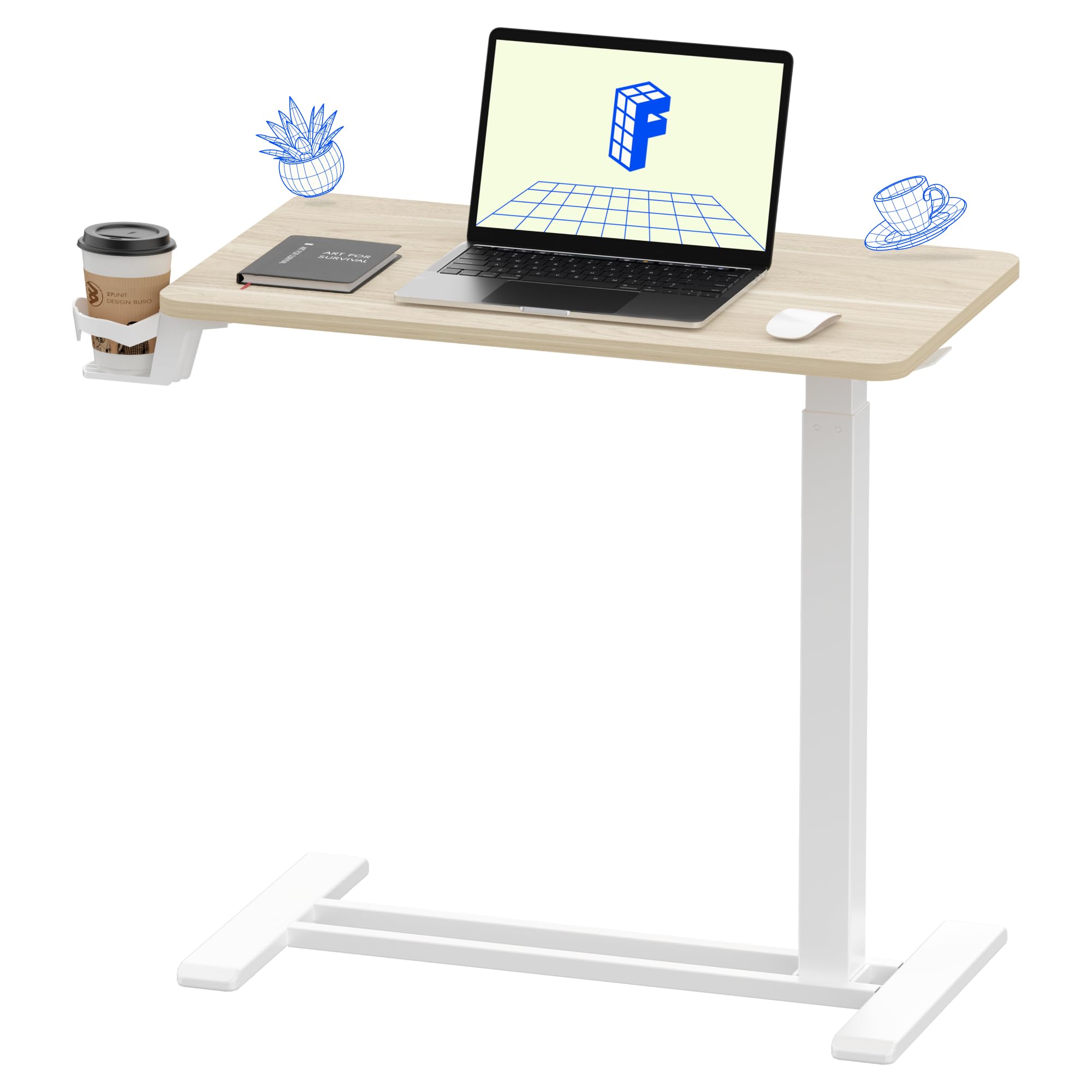 FLEXISPOT H7 Adjustable Overbed Bedside Table with Wheels Pneumatic Mobile Standing Laptop Desk Rolling Computer Cart Movable Overbed Table Hospital Home Use (31.5" W x 17.7" D, White Maple Large)