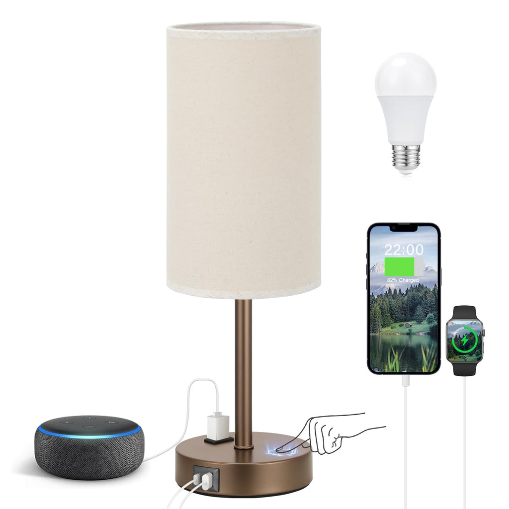 Fenmzee Bedside Table Lamp for Bedroom - 3 Way Dimmable Touch Lamp USB C Charging Ports and AC Outlet, Small Lamp Wood Base Round Flaxen Fabric Shade for Living Room, Desk, LED Bulb Included