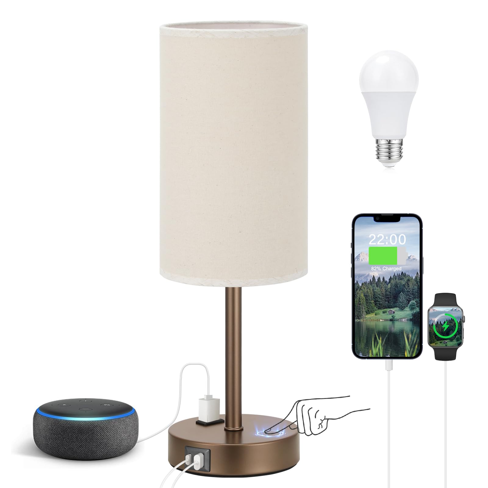Fenmzee Bedside Table Lamp for Bedroom - 3 Way Dimmable Touch Lamp USB C Charging Ports and AC Outlet, Small Lamp Wood Base Round Flaxen Fabric Shade for Living Room, Desk, LED Bulb Included
