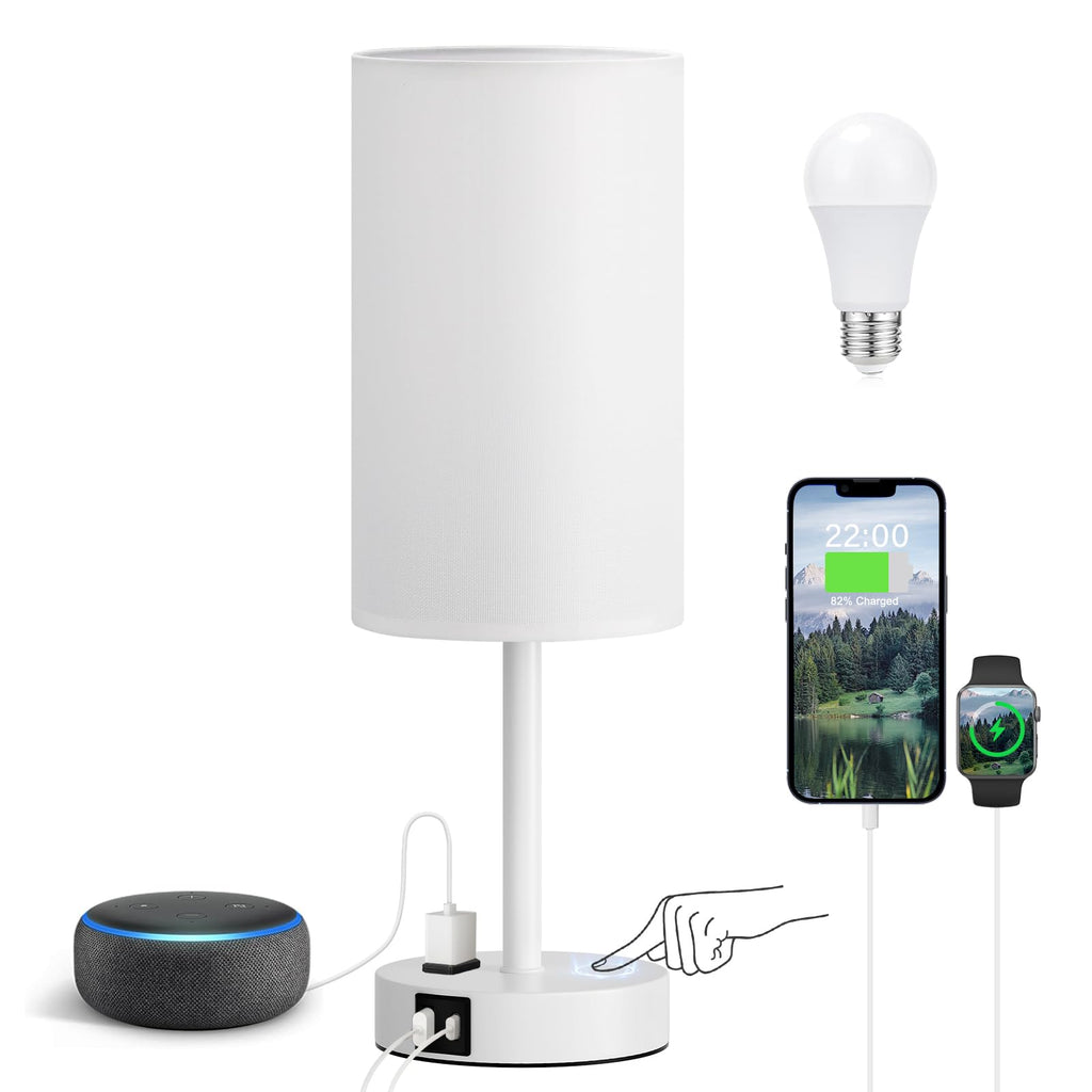 Fenmzee Bedside Table Lamp for Bedroom - 3 Way Dimmable Touch Lamp USB C Charging Ports and AC Outlet, Small Lamp Wood Base Round Flaxen Fabric Shade for Living Room, Desk, LED Bulb Included