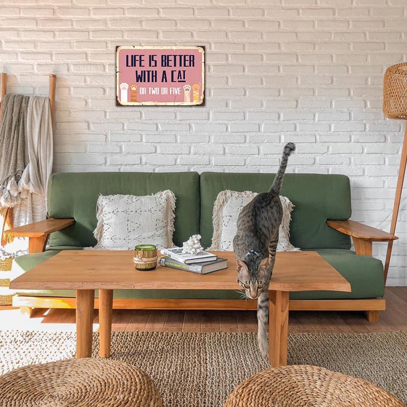 Vintage Cat Signs - Life Is Better With A Cat Or Two Or Five Sign, Funny Metal Tin Sign for Home, Girls Room, Patio, Garden, Catio, Bedroom Wall Decor Art, Cat Lover Gifts, 12 x 8 inch