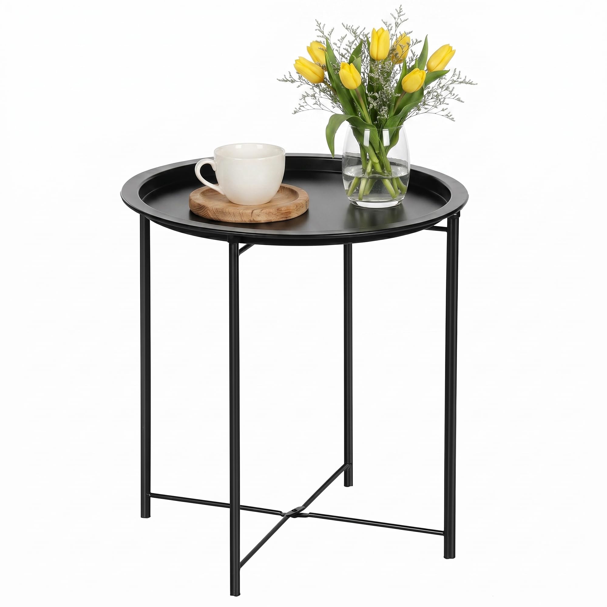 VECELO Side/End Table, Folding Round Metal Anti-Rust and Waterproof Outdoor or Indoor Tray for Living Room Bedroom Balcony and Office, 2 PCS, Dark Green