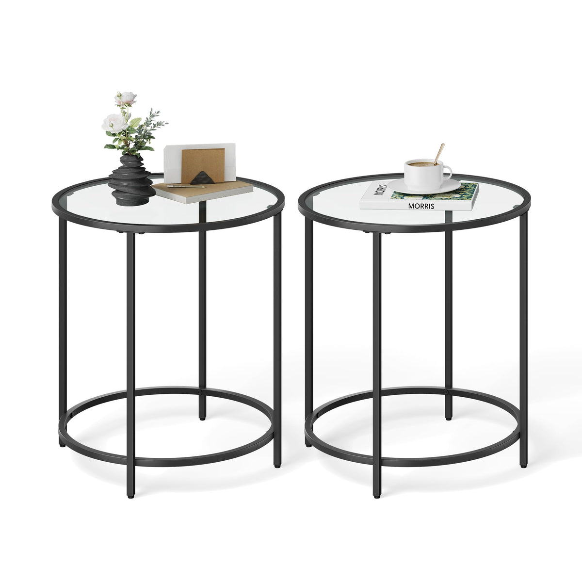 VASAGLE Round Side Table, Glass End Table with Metal Frame, Gold Coffee Table with Modern Style, for Living Room, Balcony, Bedroom, Gold Color