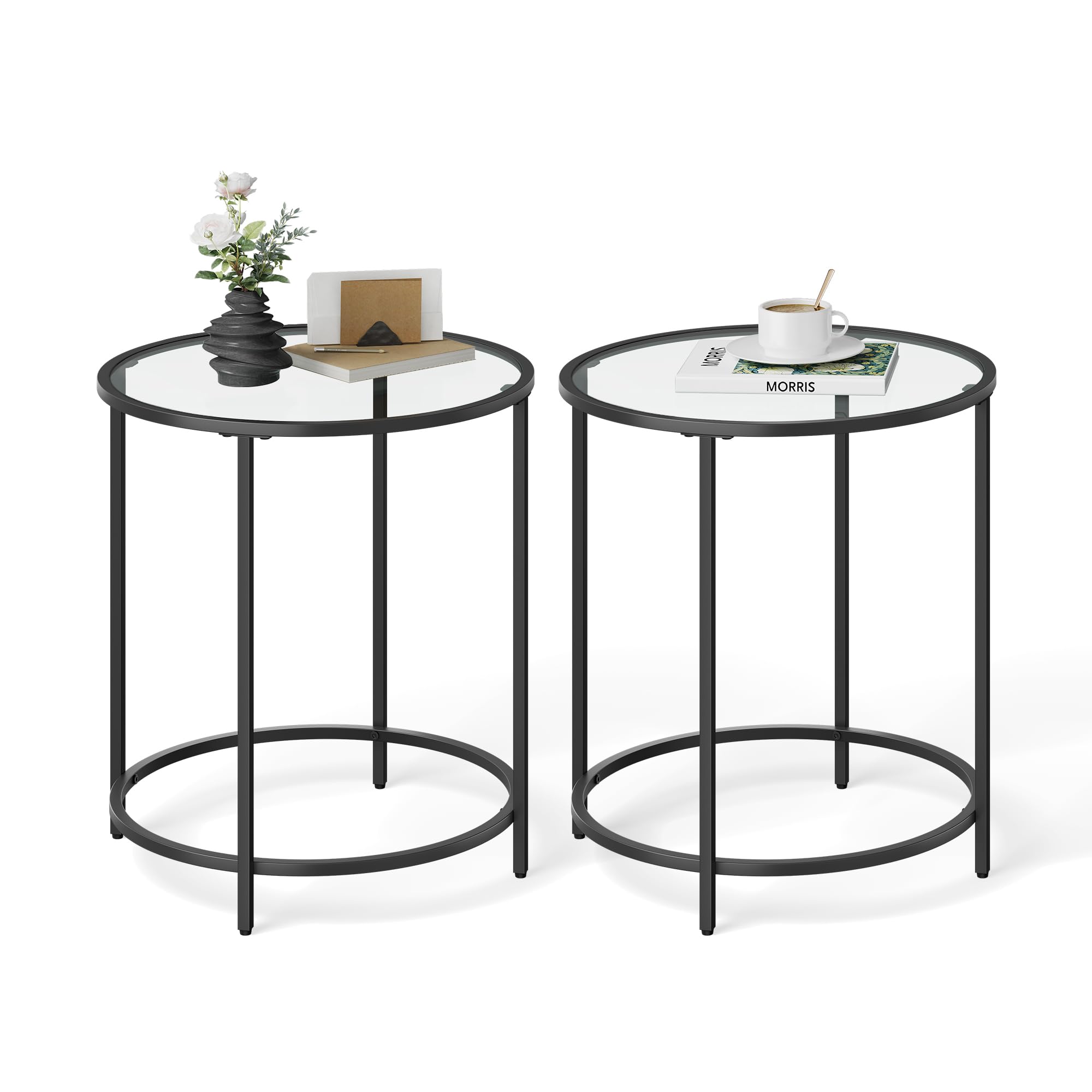 VASAGLE Round Side Table, Glass End Table with Metal Frame, Gold Coffee Table with Modern Style, for Living Room, Balcony, Bedroom, Gold Color