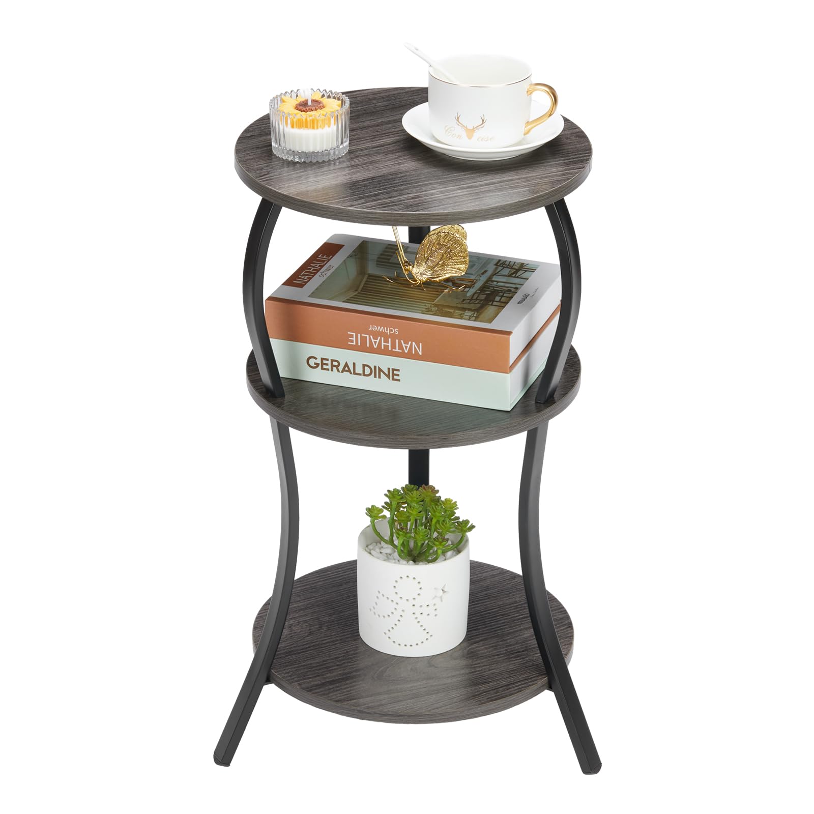 Vintage Small Round Side Table, 3-Tier Slim Waist Circular End Table with Storage Shelf, Compact Tea Sofa Table, Round Corner Coffee Table Nightstand for Living Room Bedroom Small Spaces,Rustic Brown