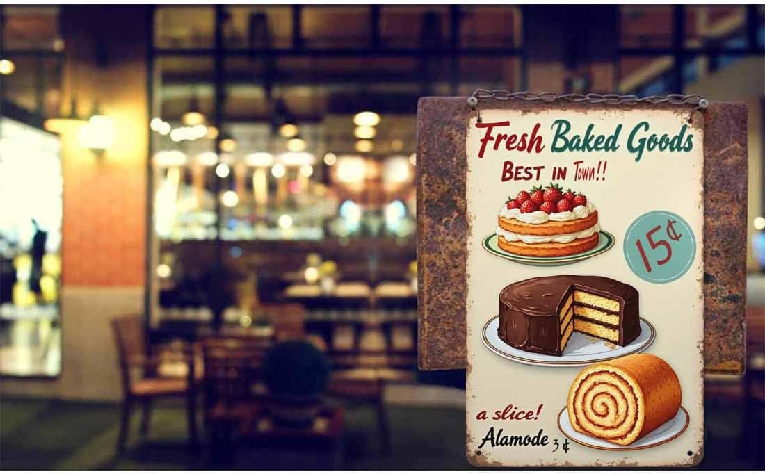 AOYEGO Fresh Baked Goods Tin Sign,Cake Cream Ring Fresh Delicious Strawberry Fruit Food Chocolate Dessert Plate Vintage Metal Tin Signs for Cafes Bars Pubs Shop Wall Funny Retro Signs 8x12 Inch