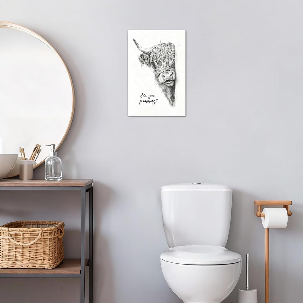 Madewell Living Funny Highland Cow Metal Tin Sign, Are You Pooping, Rustic Farmhouse Wall Decor for Bathroom, Western Bathroom Art with Humorous Quote, 8x12 Inch