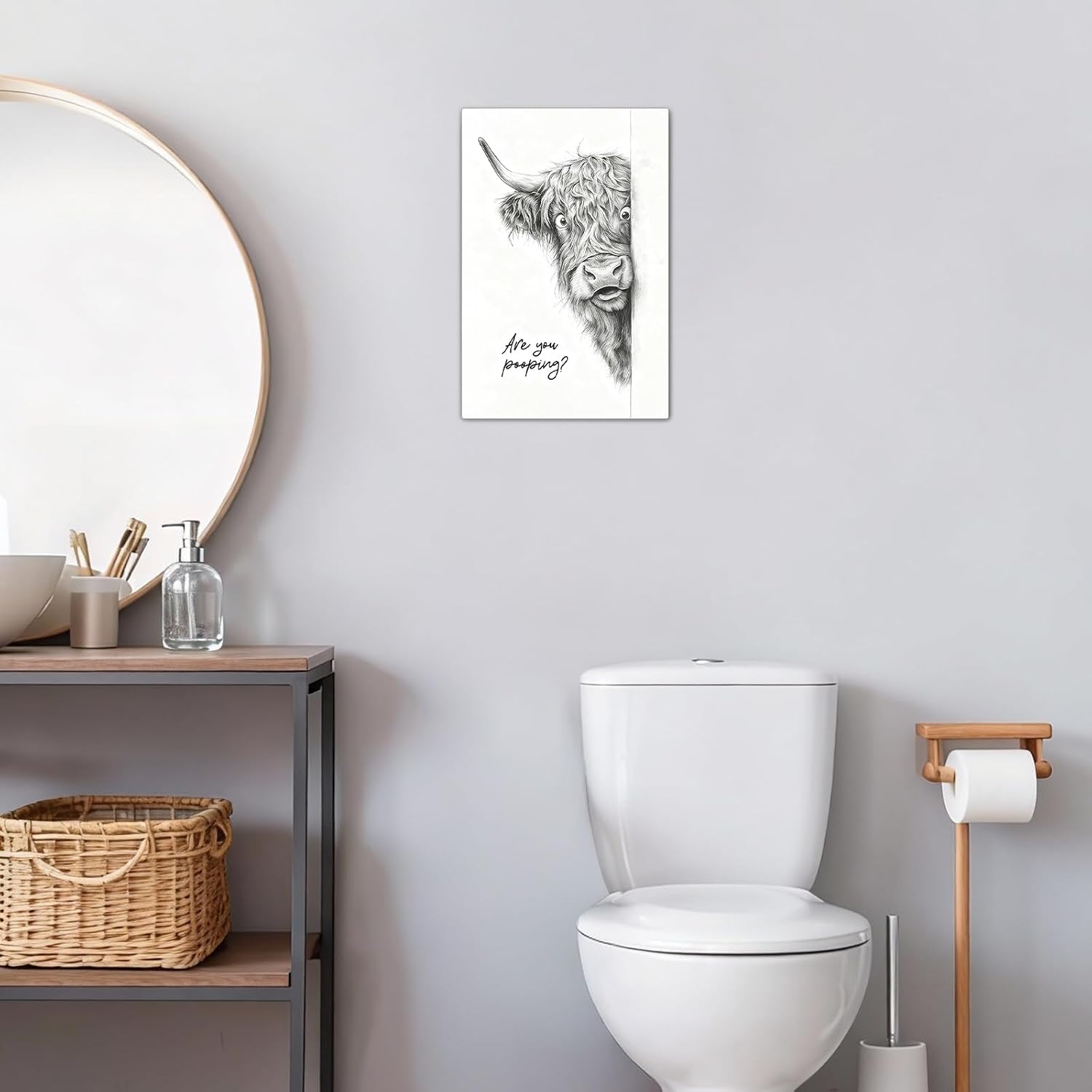Madewell Living Funny Highland Cow Metal Tin Sign, Are You Pooping, Rustic Farmhouse Wall Decor for Bathroom, Western Bathroom Art with Humorous Quote, 8x12 Inch