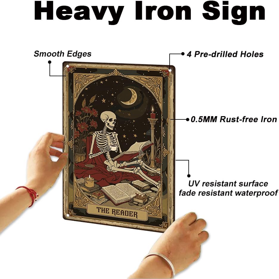 Skeleton Reader Tin Sign Retro Metal Wall Decor 8" x 12" Vintage The Reader Tarot Halloween Vintage Wall Art Poster for Home Library Cafe Reading Room Classroom Decor Gift
