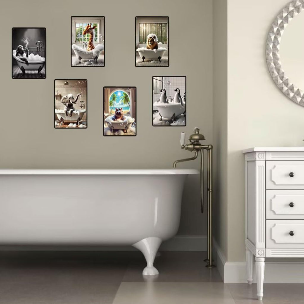 Chimpanzee Smoking Cigar in Bathtub Aluminum Tin Sign - 8x12 Inches Funny Bathroom Wall Decor, Quirky Animal Art