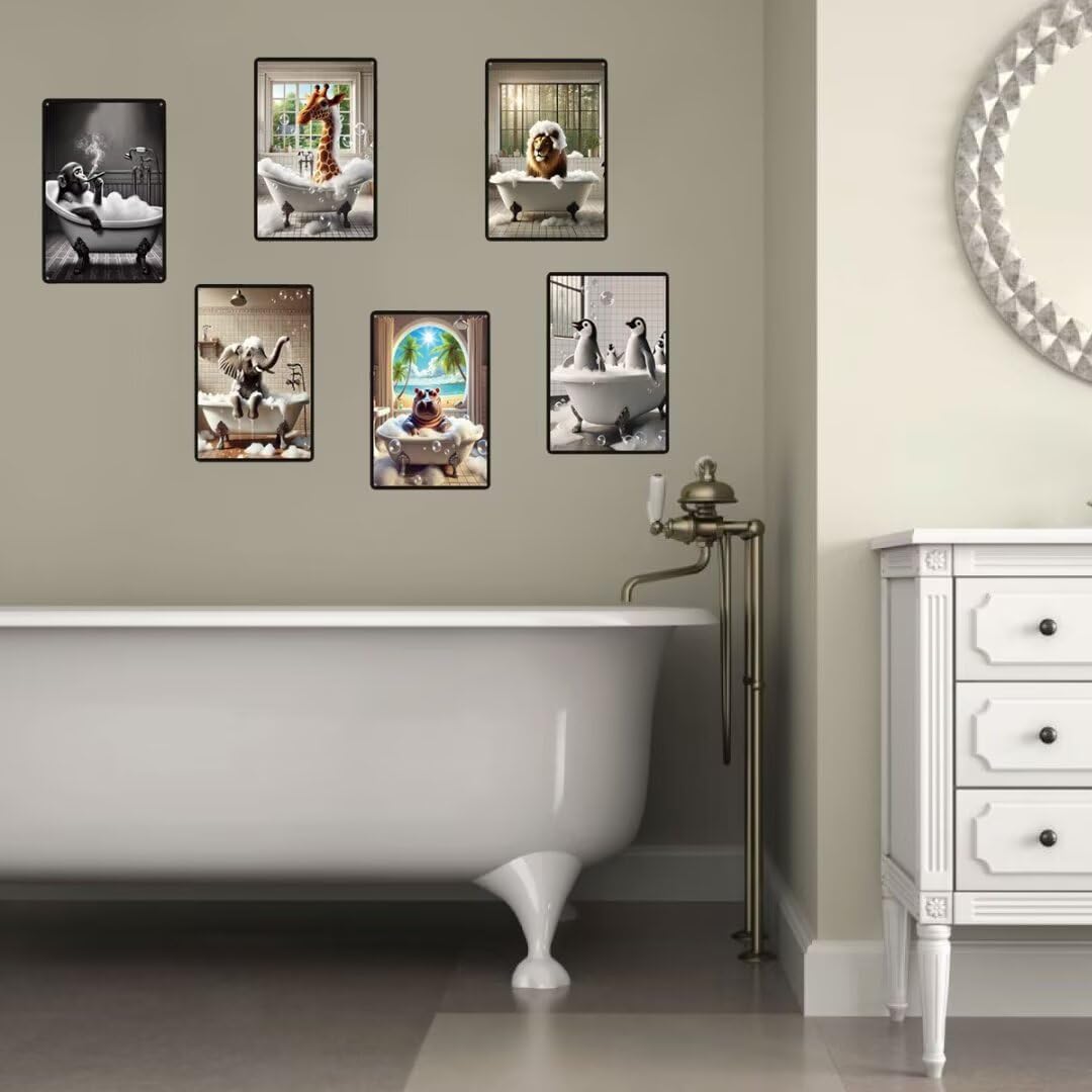 Chimpanzee Smoking Cigar in Bathtub Aluminum Tin Sign - 8x12 Inches Funny Bathroom Wall Decor, Quirky Animal Art