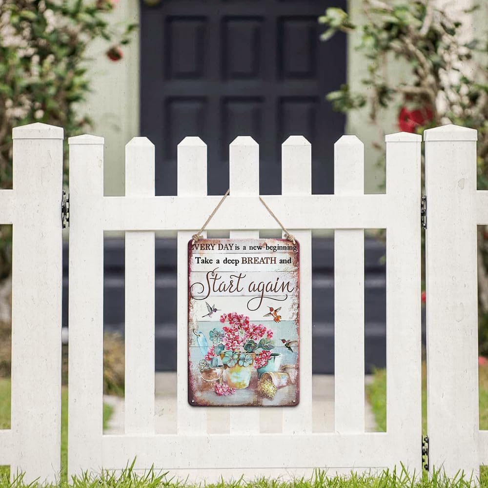 YOYI ART Vintage Flower Hummingbird Signs - Every Day is A New Beginning Take A Deep Breath and Start Again, Retro Metal Tin Signs for Patio, Room, Garden and Yard Wall Art Deocr, 8 x 12 inch