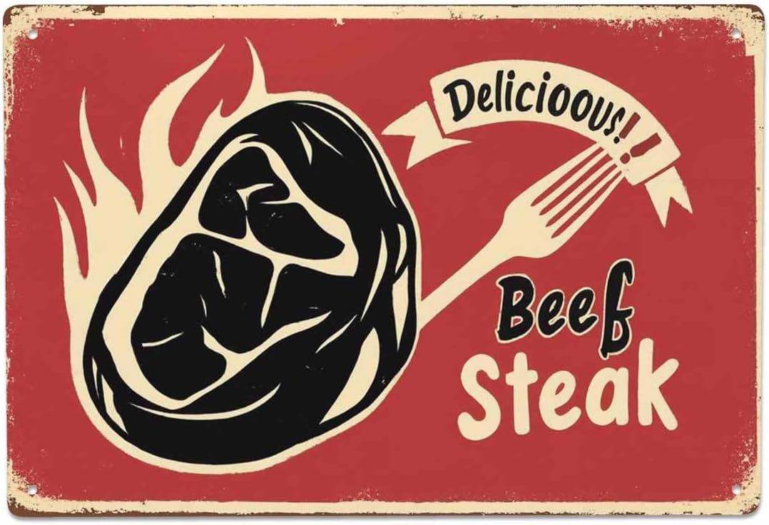 AOYEGO Steak Tin Sign,Beef Meat Delicious Fire Hot Fork Block Protein Food Restaurant Vintage Metal Tin Signs for Cafes Bars Pubs Shop Wall Decorative Funny Retro Signs for Men Women 8x12 Inch