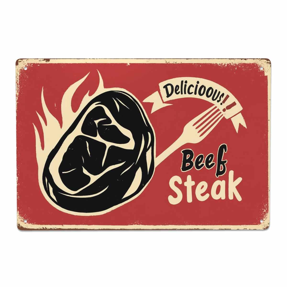 AOYEGO Steak Tin Sign,Beef Meat Delicious Fire Hot Fork Block Protein Food Restaurant Vintage Metal Tin Signs for Cafes Bars Pubs Shop Wall Decorative Funny Retro Signs for Men Women 8x12 Inch
