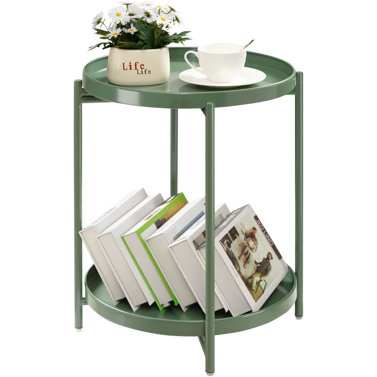 TeoKJ 2 Tier Gold Side Table, Folding Round Metal End Table Small Nightstand with Two Removable Tray for Bedroom Living Room Small Spaces Bedside Gold
