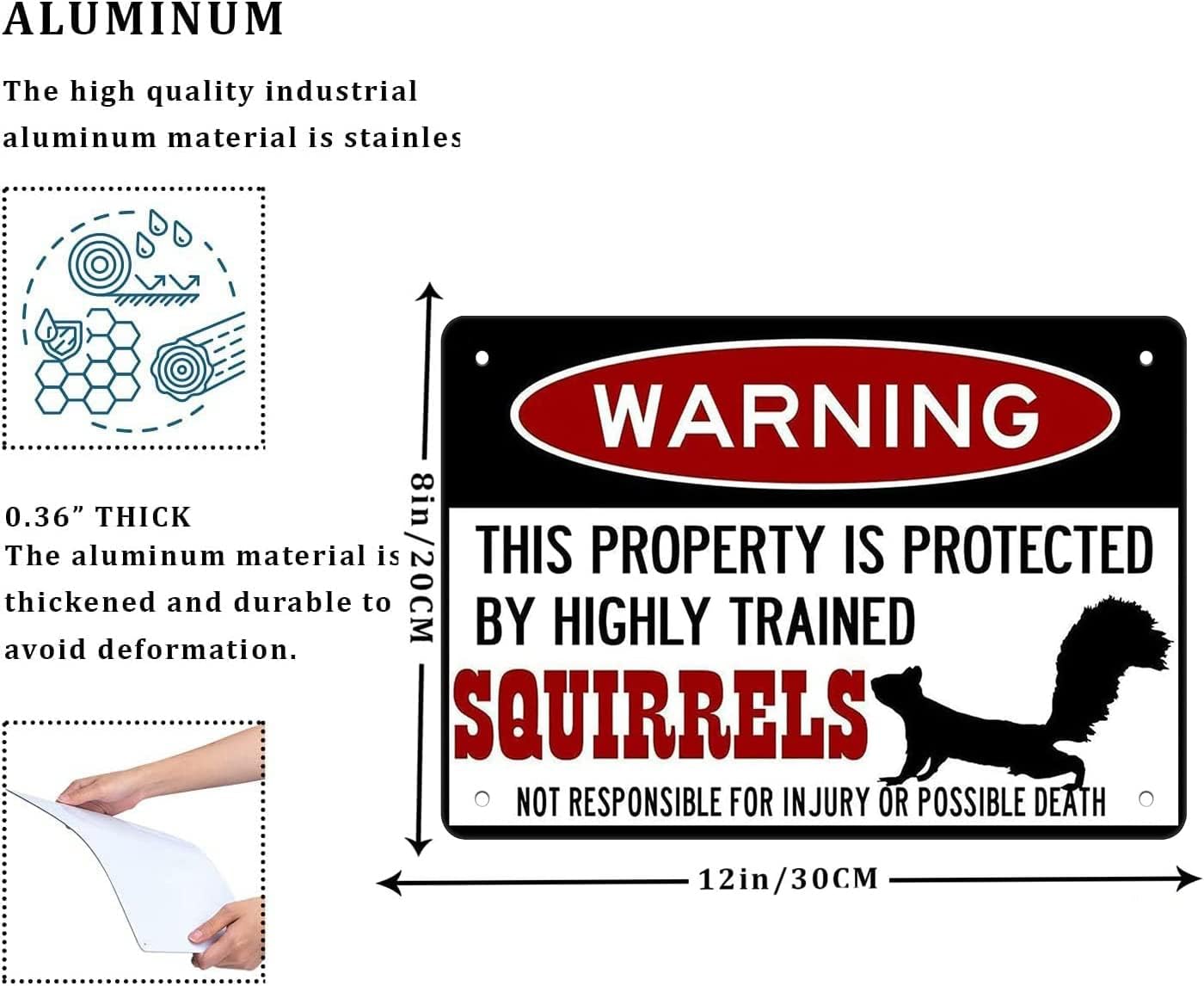 Squirrel Protected By Squirrels Warning Beware Of Squirrel Sign Funny Metal Tin Sign Aluminum Sign Poster Warning Signs For Pets Outside The Home 8x12 Inch, white black