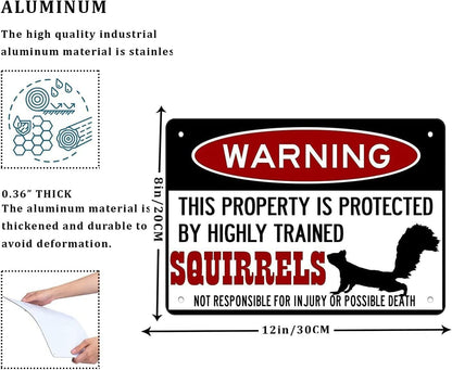 Squirrel Protected By Squirrels Warning Beware Of Squirrel Sign Funny Metal Tin Sign Aluminum Sign Poster Warning Signs For Pets Outside The Home 8x12 Inch, white black