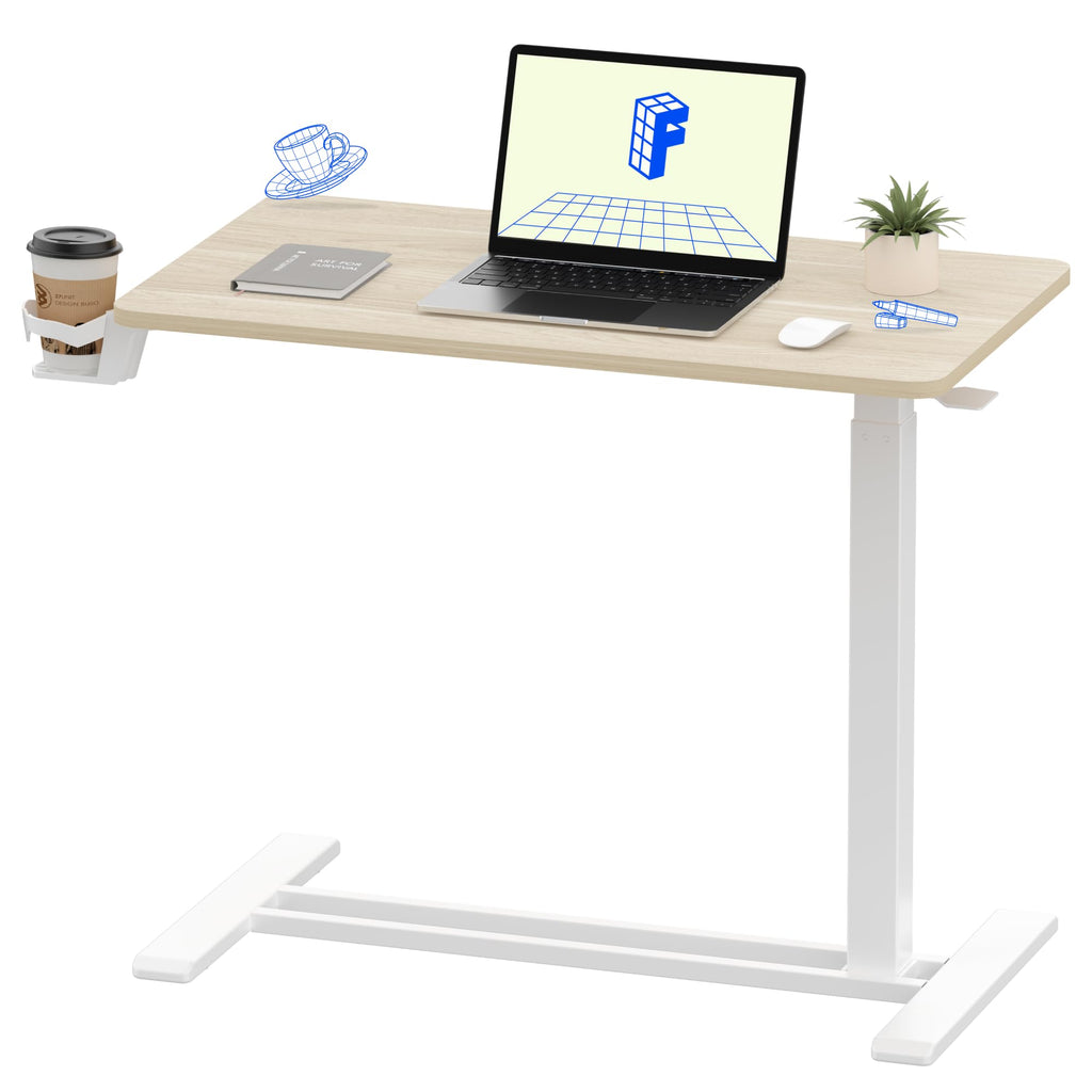FLEXISPOT H7 Adjustable Overbed Bedside Table with Wheels Pneumatic Mobile Standing Laptop Desk Rolling Computer Cart Movable Overbed Table Hospital Home Use (31.5" W x 17.7" D, White Maple Large)